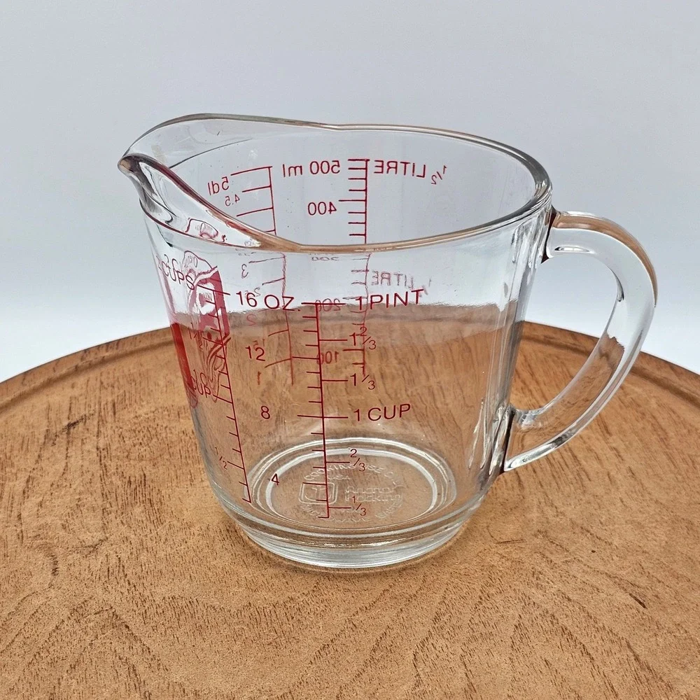 Anchor Hocking Oven Basics 2 Cup Glass Measuring Cup 16oz Red Lettering USA #498
